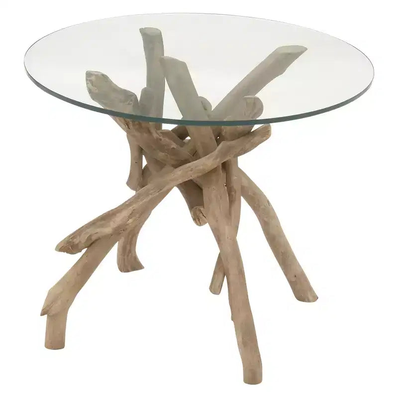 Mesa auxiliar redonda con tapa de cristal y base de madera flotante marrón para 1