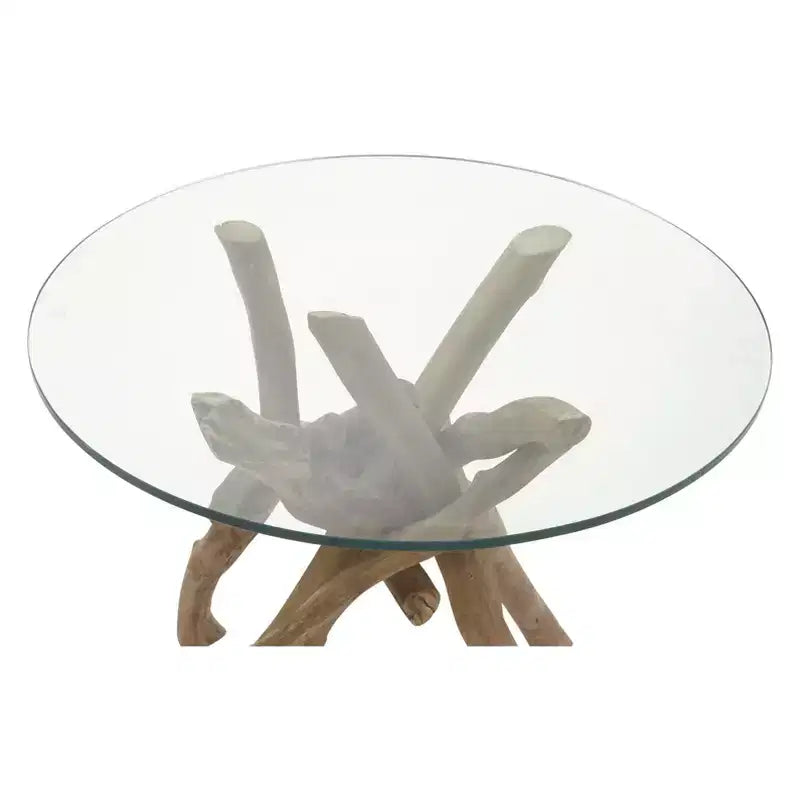 Mesa auxiliar redonda con tapa de cristal y base de madera flotante marrón para 1