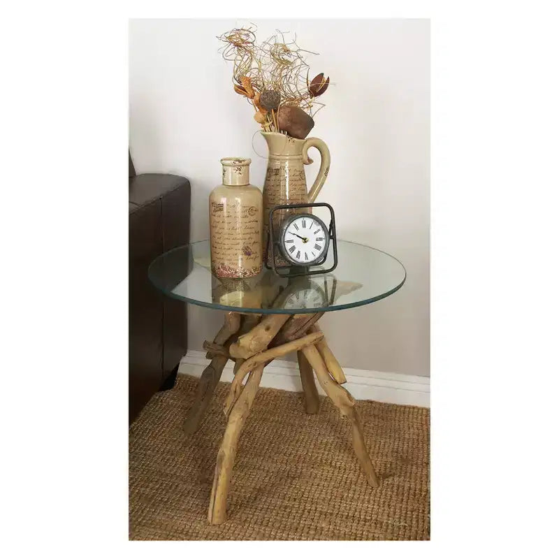 Mesa auxiliar redonda con tapa de cristal y base de madera flotante marrón para 1