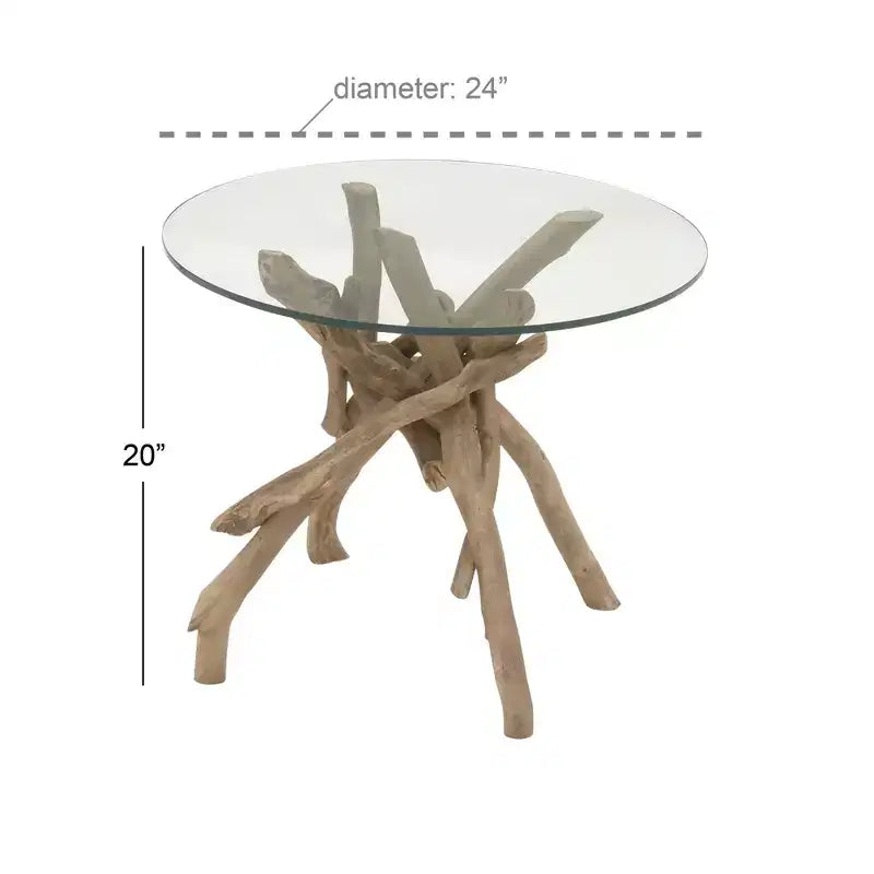 Mesa auxiliar redonda con tapa de cristal y base de madera flotante marrón para 1