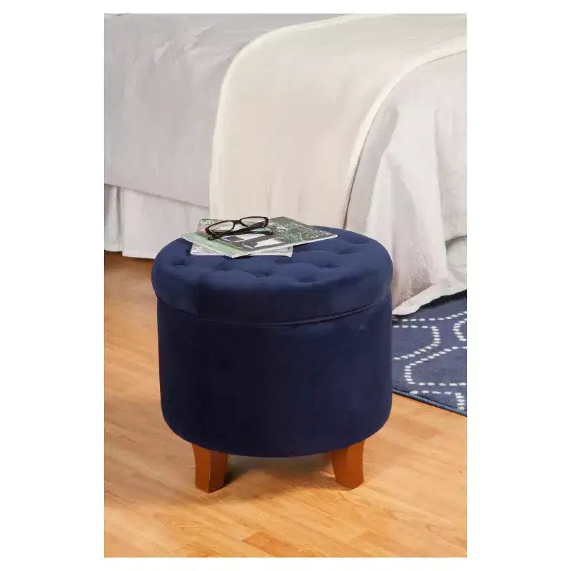 Puf redondo de almacenamiento de terciopelo, 1 asiento, gris / azul marino / verde