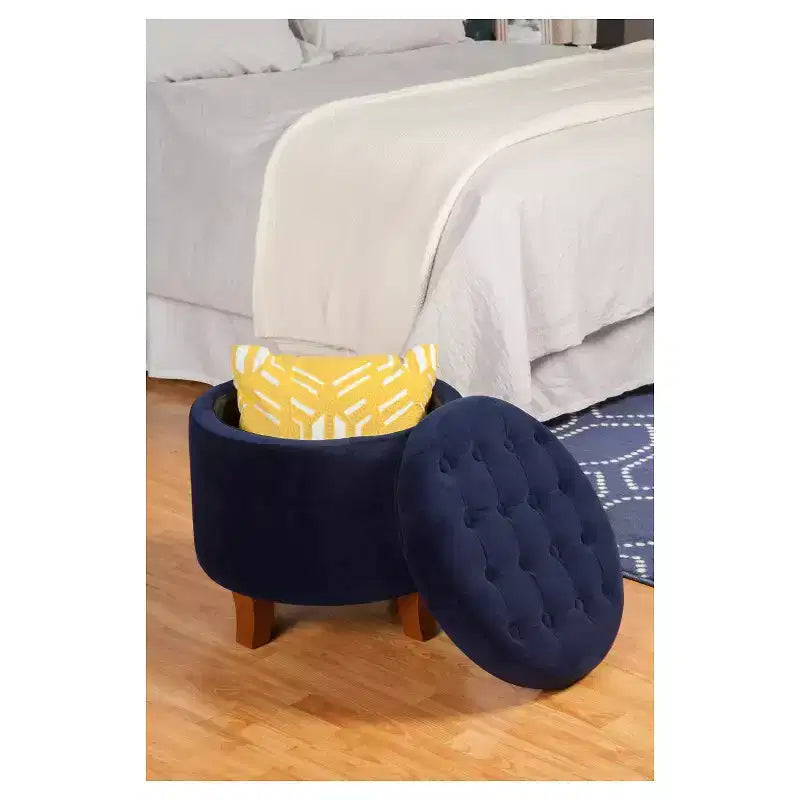 Puf redondo de almacenamiento de terciopelo, 1 asiento, gris / azul marino / verde