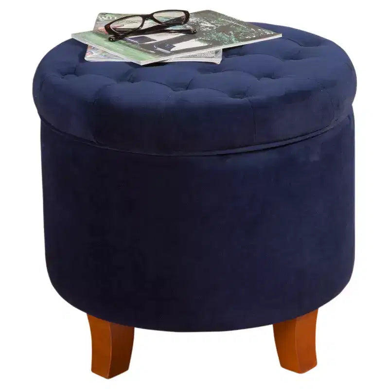 Puf redondo de almacenamiento de terciopelo, 1 asiento, gris / azul marino / verde