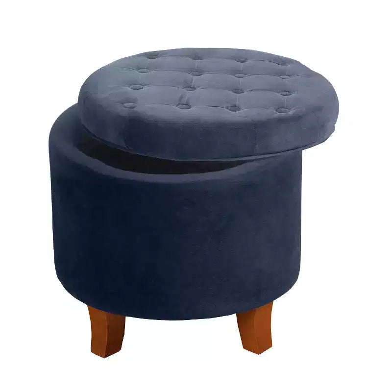Puf redondo de almacenamiento de terciopelo, 1 asiento, gris / azul marino / verde
