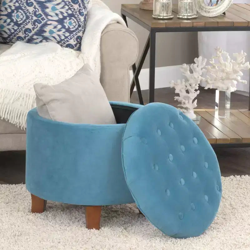 Puf redondo de almacenamiento de terciopelo, 1 asiento, gris / azul marino / verde