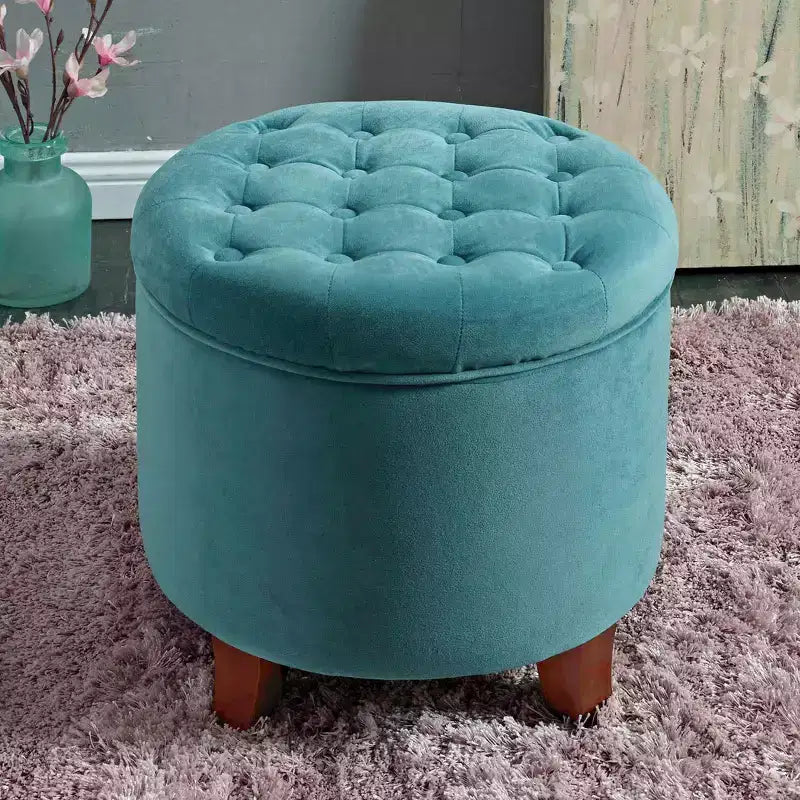 Puf redondo de almacenamiento de terciopelo, 1 asiento, gris / azul marino / verde