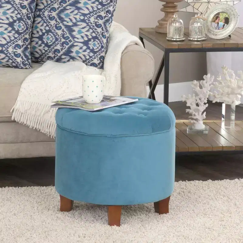 Puf redondo de almacenamiento de terciopelo, 1 asiento, gris / azul marino / verde