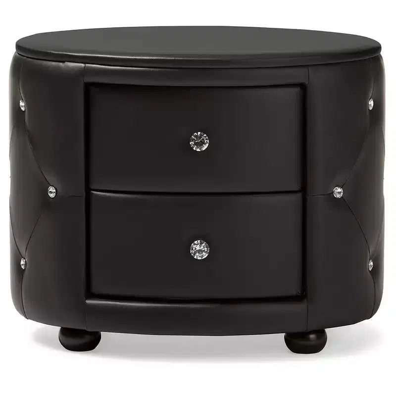 Mesita de noche ovalada de piel sintética con 2 cajones – Negro/Blanco – Individual