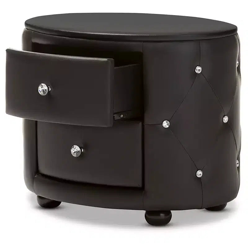 Mesita de noche ovalada de piel sintética con 2 cajones – Negro/Blanco – Individual