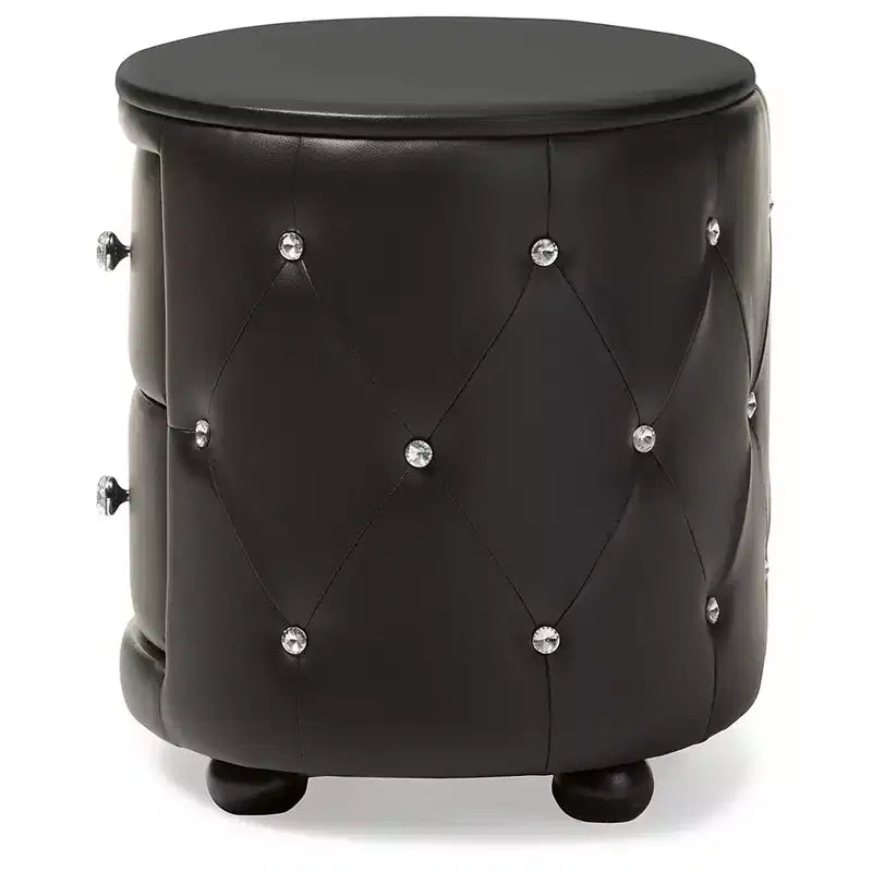 Mesita de noche ovalada de piel sintética con 2 cajones – Negro/Blanco – Individual