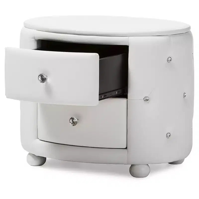 Mesita de noche ovalada de piel sintética con 2 cajones – Negro/Blanco – Individual