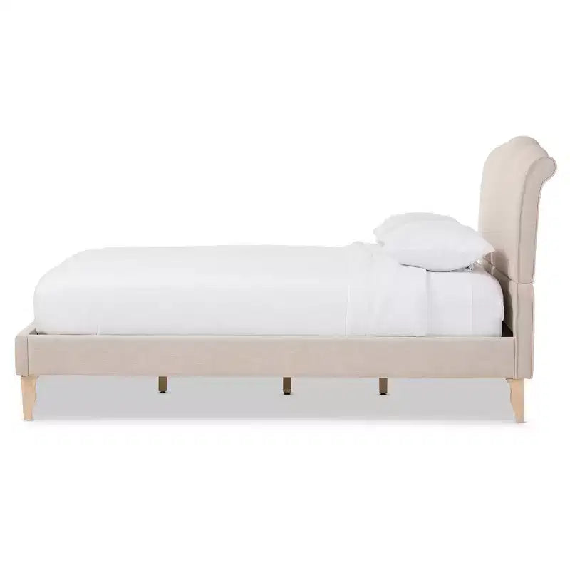 Cama de plataforma con cabecero curvado de lino beige – Matrimonial / Queen / King, 1–2 personas