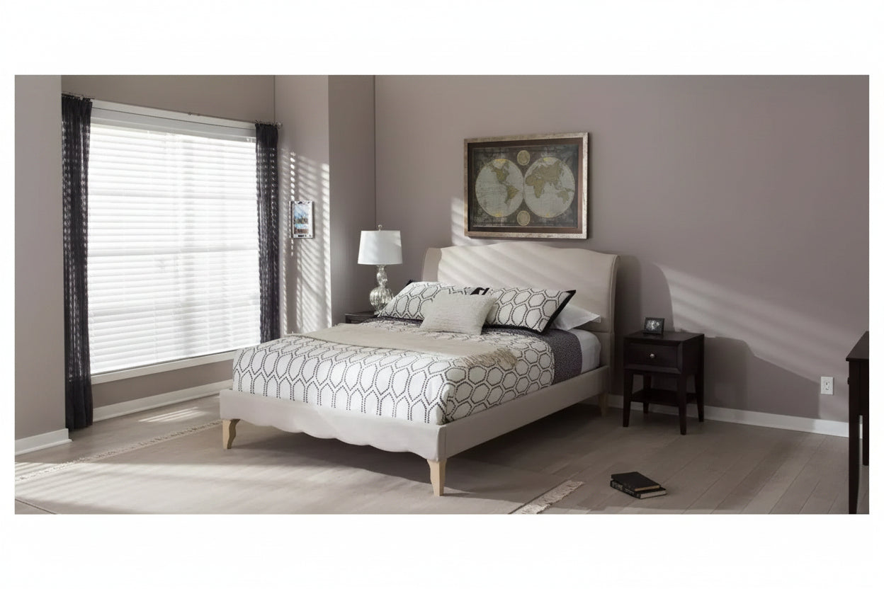Cama de plataforma con cabecero curvado de lino beige – Matrimonial / Queen / King, 1–2 personas