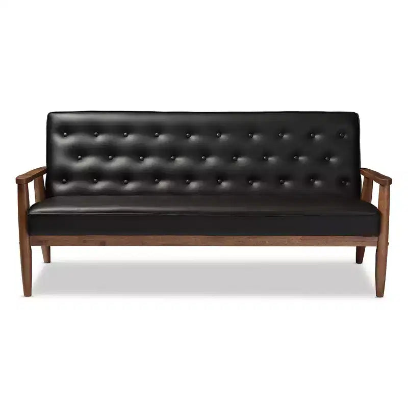 Sofá de 3 plazas de piel sintética negro/marrón oscuro estilo Mid-Century