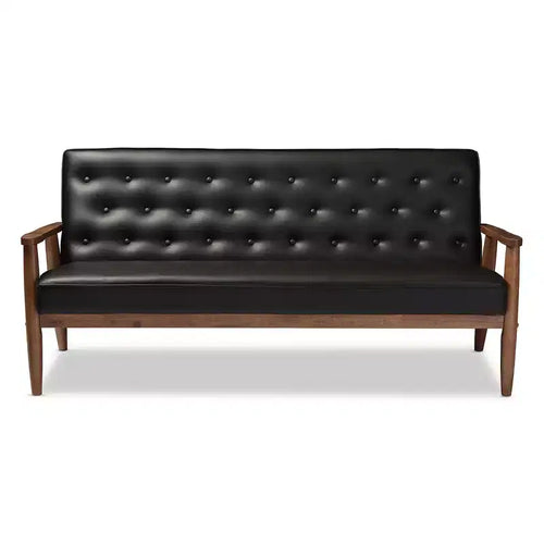 Sofá de 3 plazas de piel sintética negro/marrón oscuro estilo Mid-Century