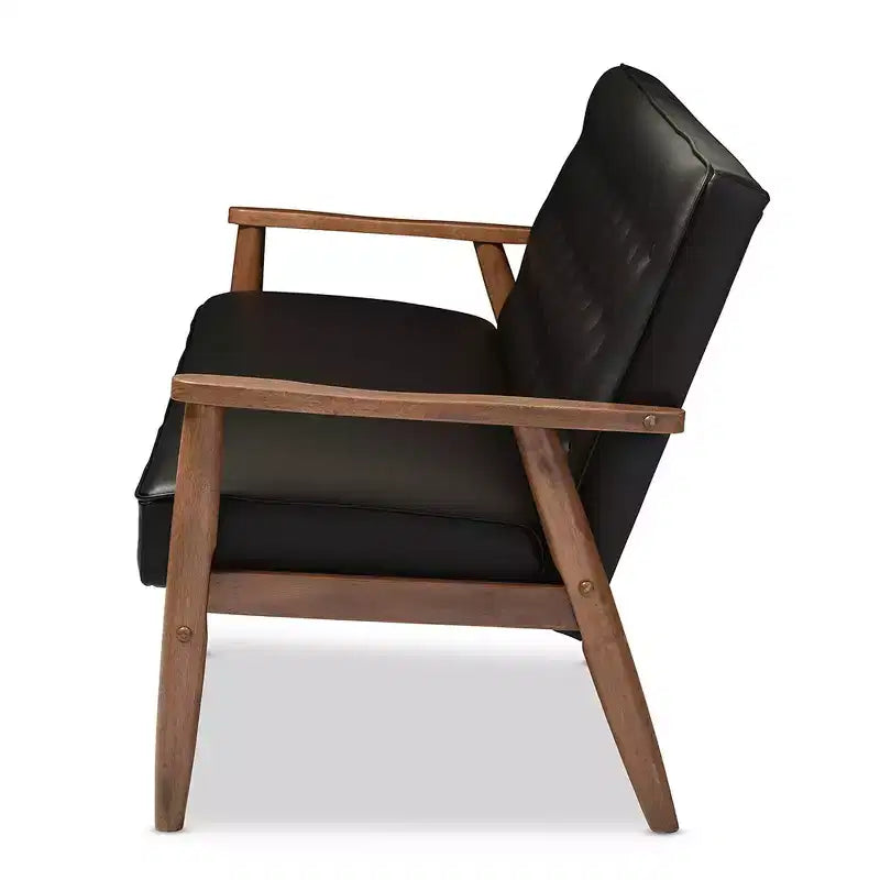 Sofá de 3 plazas de piel sintética negro/marrón oscuro estilo Mid-Century