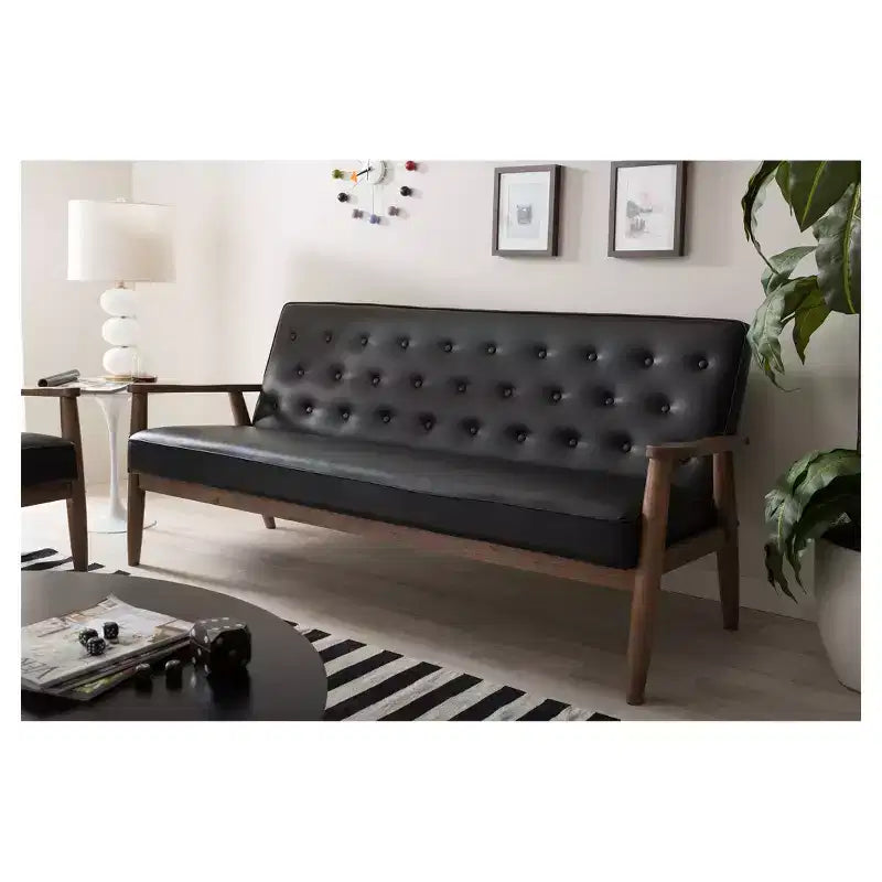 Sofá de 3 plazas de piel sintética negro/marrón oscuro estilo Mid-Century