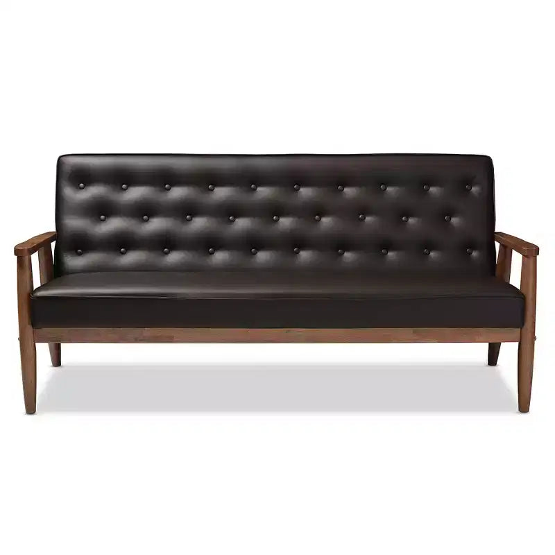 Sofá de 3 plazas de piel sintética negro/marrón oscuro estilo Mid-Century