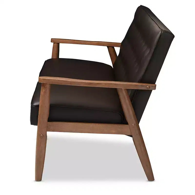 Sofá de 3 plazas de piel sintética negro/marrón oscuro estilo Mid-Century