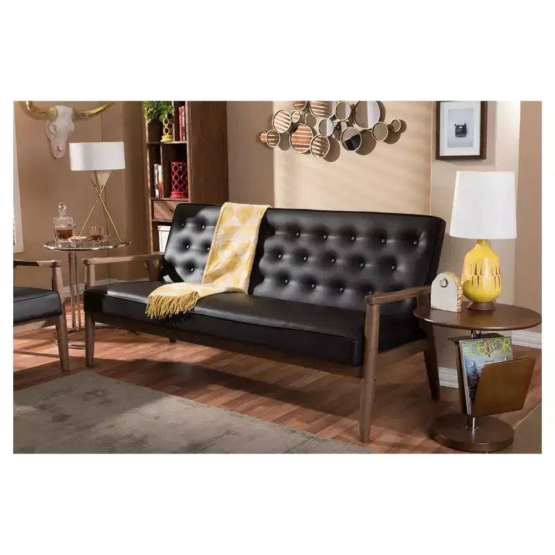 Sofá de 3 plazas de piel sintética negro/marrón oscuro estilo Mid-Century