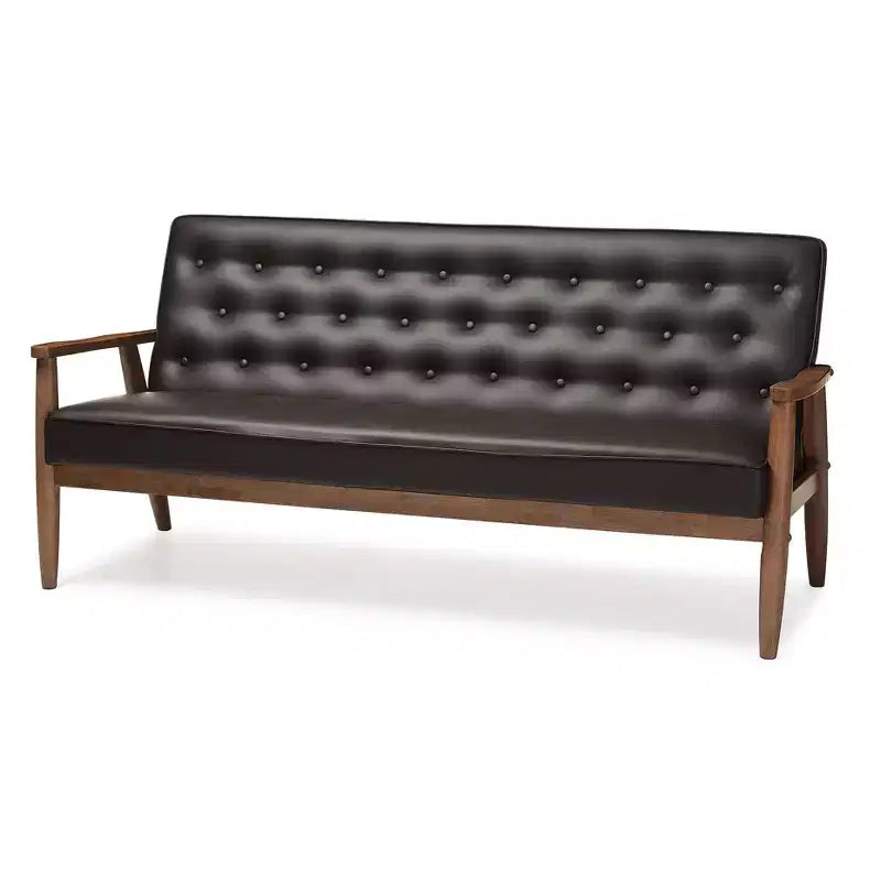 Sofá de 3 plazas de piel sintética negro/marrón oscuro estilo Mid-Century