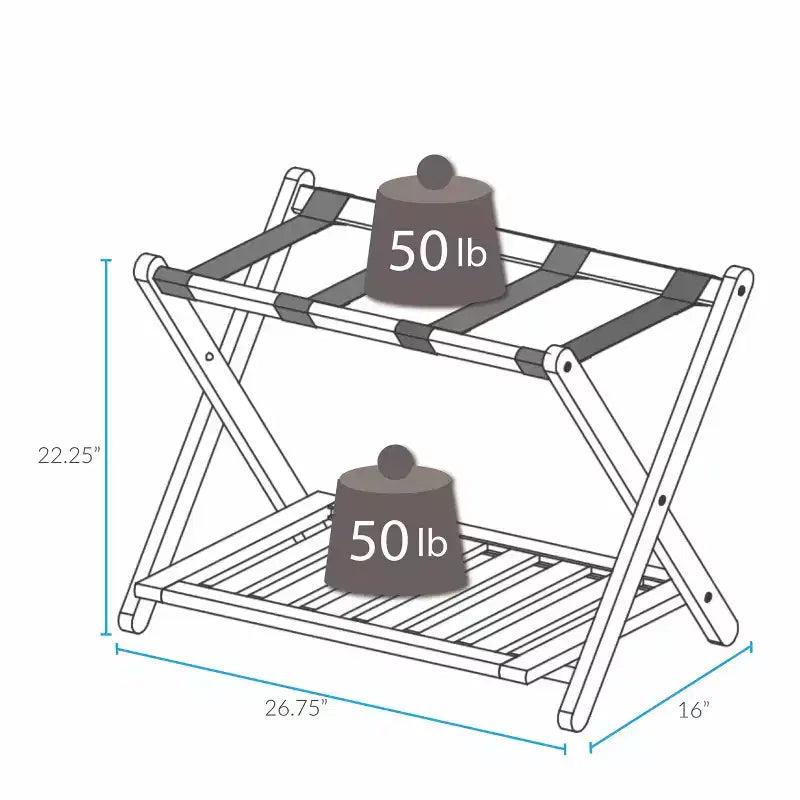 Maletero plegable de madera con estante – Natural / Nogal / Espresso / Blanco / Miel, Para 1 maleta