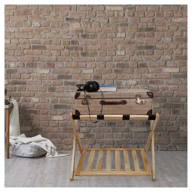 Maletero plegable de madera con estante – Natural / Nogal / Espresso / Blanco / Miel, Para 1 maleta