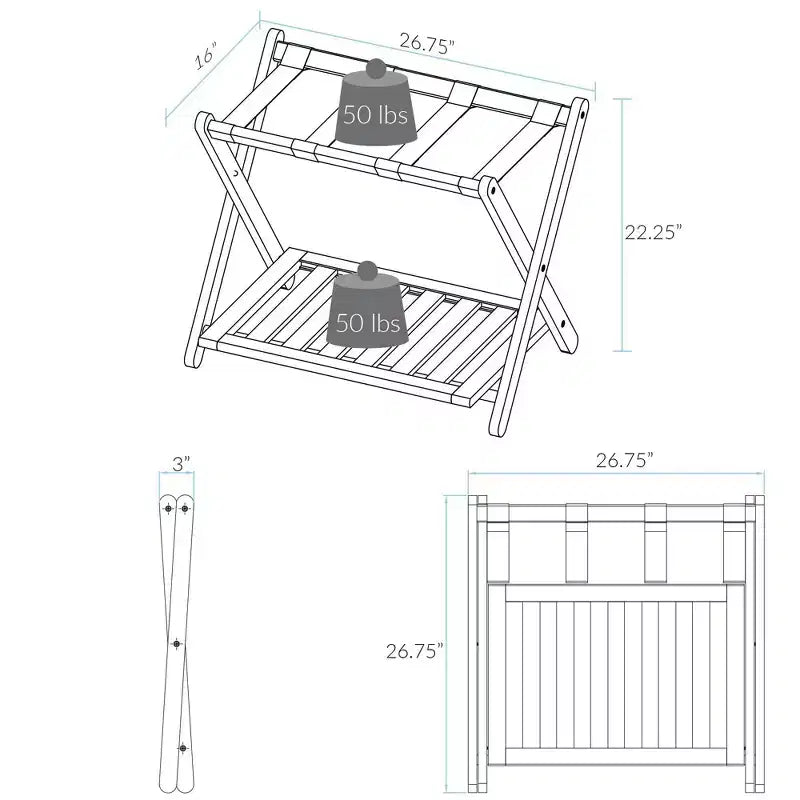 Maletero plegable de madera con estante – Natural / Nogal / Espresso / Blanco / Miel, Para 1 maleta