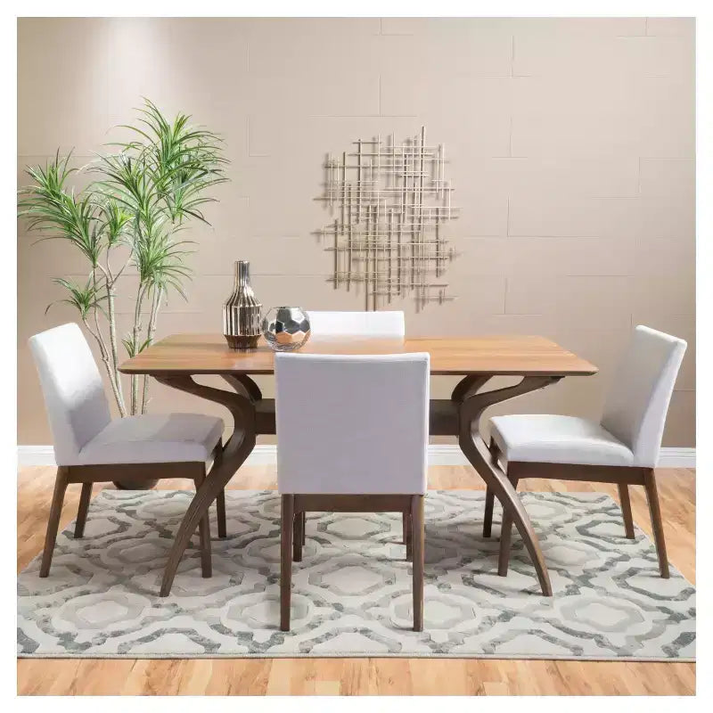 Juego de comedor de 5 piezas con patas curvas y tapizado gris, para 4 personas