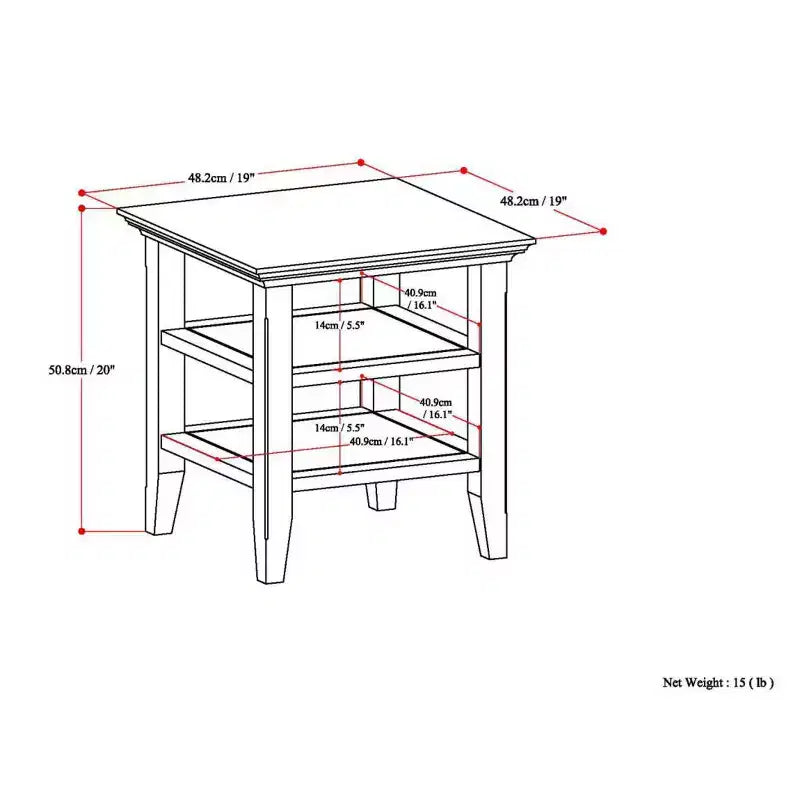 Mesa auxiliar rectangular de 19" con estante – Gris rústico / Negro / Gris desgastado / Marrón rústico / Brunette / Dorado claro / Nogal – 1 pieza