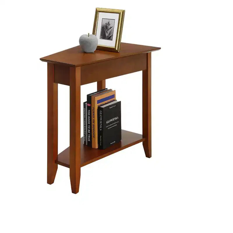 Cerezo / Negro / Espresso / Blanco / Madera flotante — Mesa auxiliar triangular en cuña con estante, 1 persona