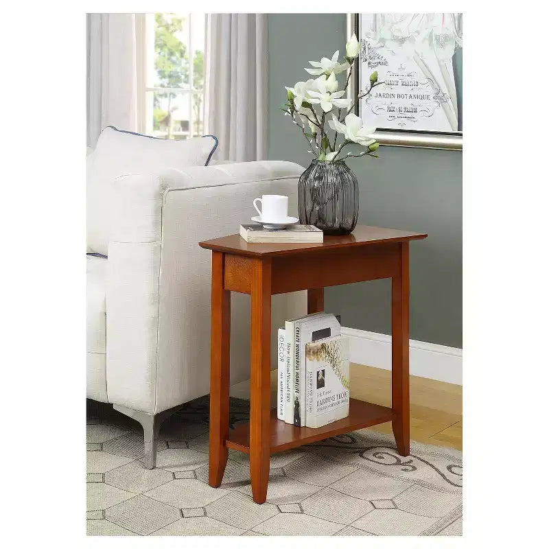 Cerezo / Negro / Espresso / Blanco / Madera flotante — Mesa auxiliar triangular en cuña con estante, 1 persona