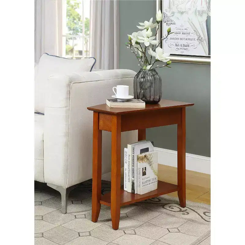 Cerezo / Negro / Espresso / Blanco / Madera flotante — Mesa auxiliar triangular en cuña con estante, 1 persona