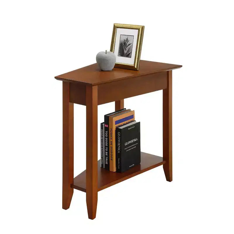 Cerezo / Negro / Espresso / Blanco / Madera flotante — Mesa auxiliar triangular en cuña con estante, 1 persona