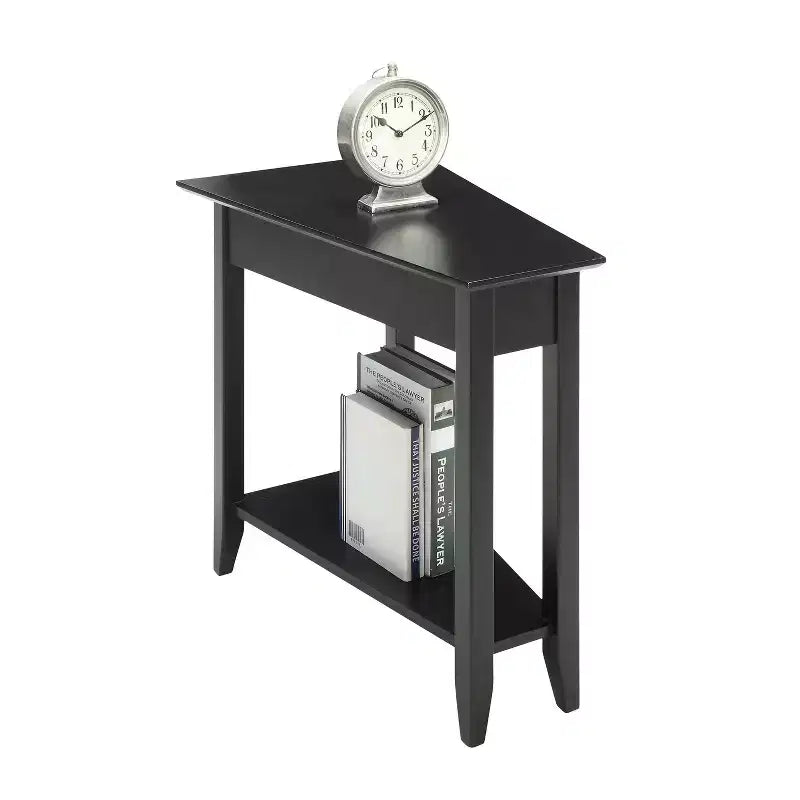 Cerezo / Negro / Espresso / Blanco / Madera flotante — Mesa auxiliar triangular en cuña con estante, 1 persona