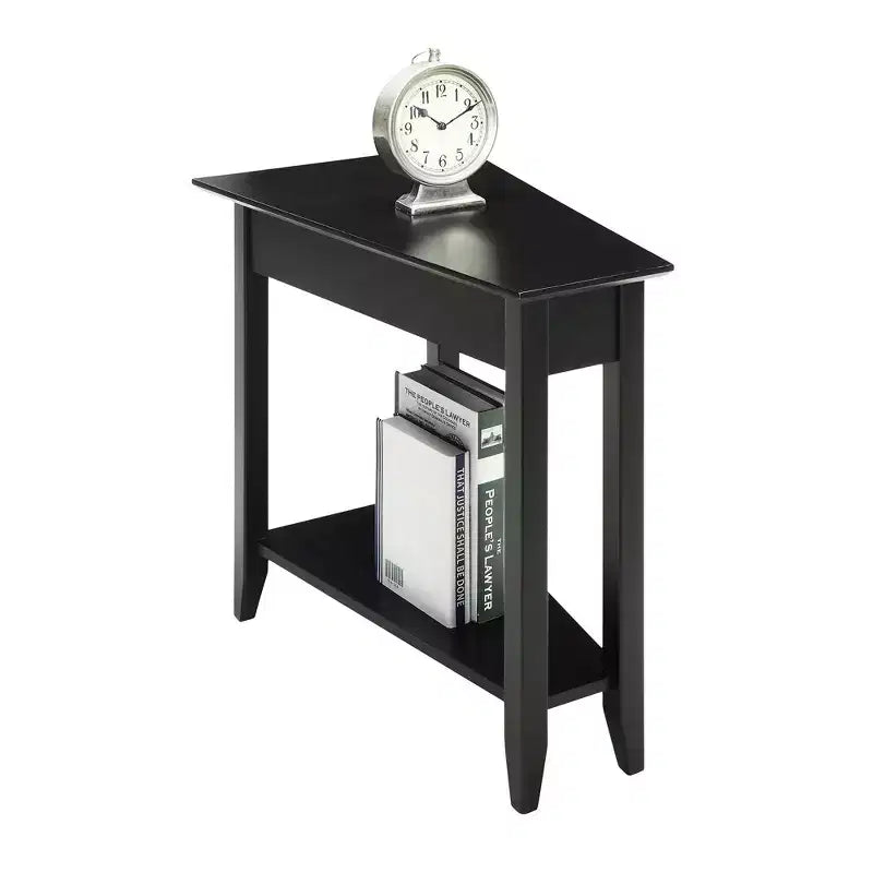 Cerezo / Negro / Espresso / Blanco / Madera flotante — Mesa auxiliar triangular en cuña con estante, 1 persona