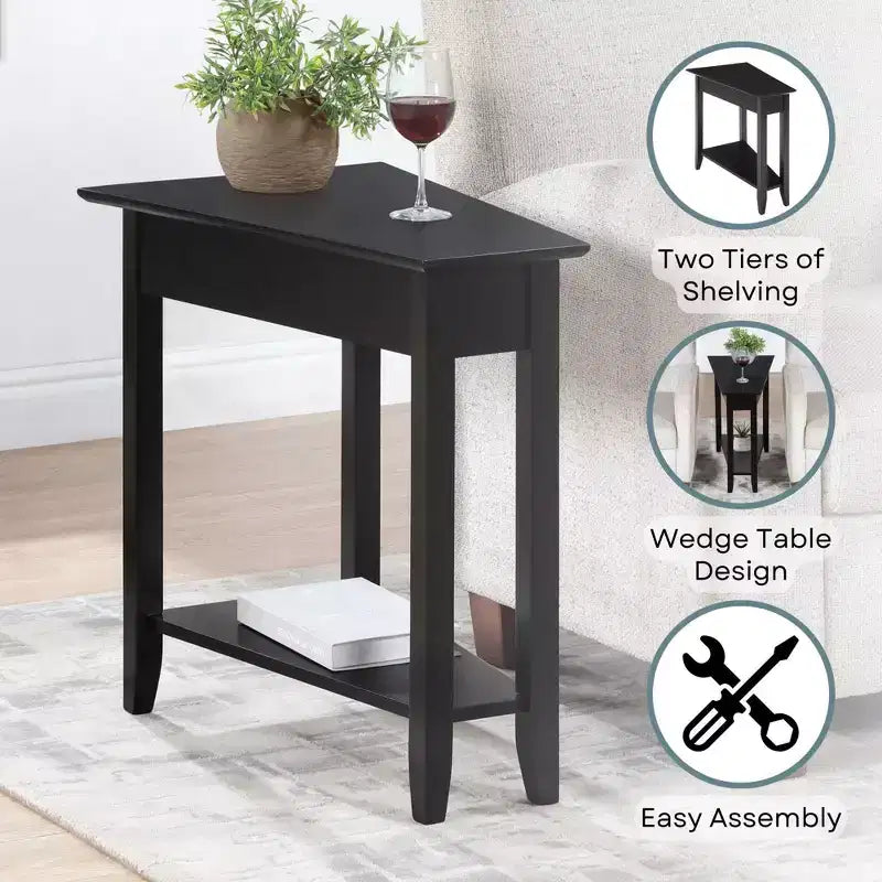Cerezo / Negro / Espresso / Blanco / Madera flotante — Mesa auxiliar triangular en cuña con estante, 1 persona