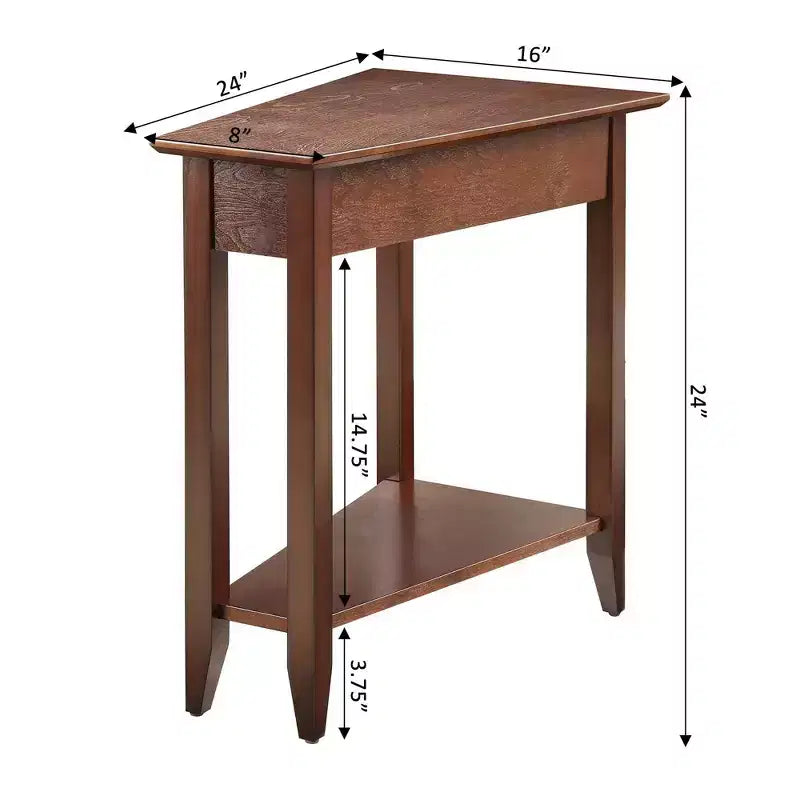 Cerezo / Negro / Espresso / Blanco / Madera flotante — Mesa auxiliar triangular en cuña con estante, 1 persona