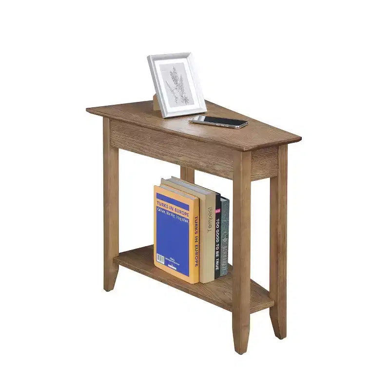 Cerezo / Negro / Espresso / Blanco / Madera flotante — Mesa auxiliar triangular en cuña con estante, 1 persona