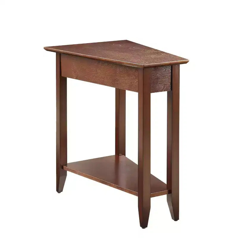 Cerezo / Negro / Espresso / Blanco / Madera flotante — Mesa auxiliar triangular en cuña con estante, 1 persona