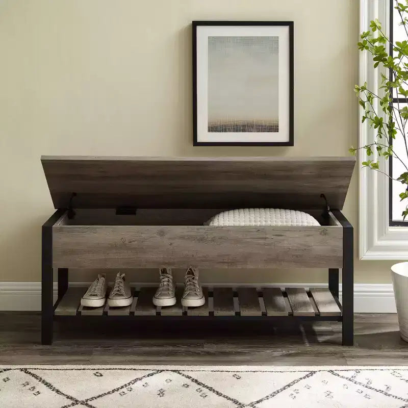 Banco de almacenamiento de 48" con zapatero – Madera de granero / Lavado gris / Nogal oscuro, Capacidad para 2 personas