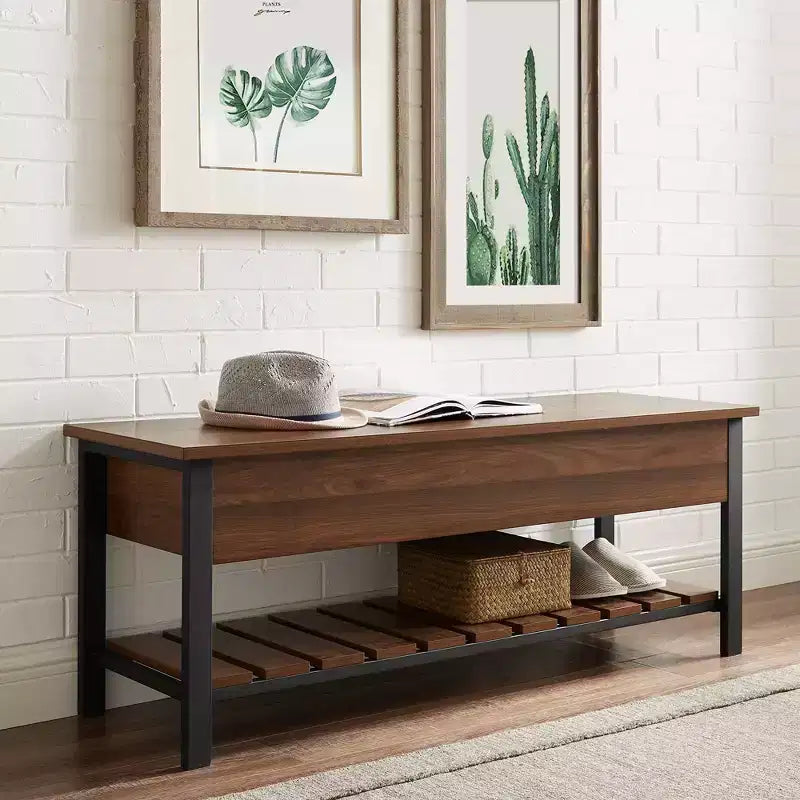 Banco de almacenamiento de 48" con zapatero – Madera de granero / Lavado gris / Nogal oscuro, Capacidad para 2 personas