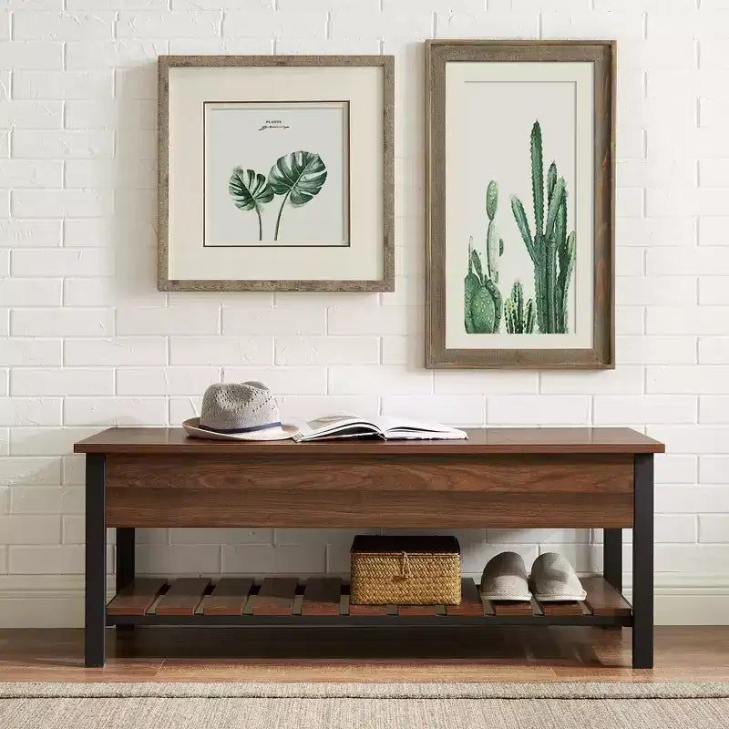 Banco de almacenamiento de 48" con zapatero – Madera de granero / Lavado gris / Nogal oscuro, Capacidad para 2 personas