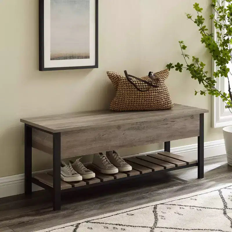 Banco de almacenamiento de 48" con zapatero – Madera de granero / Lavado gris / Nogal oscuro, Capacidad para 2 personas