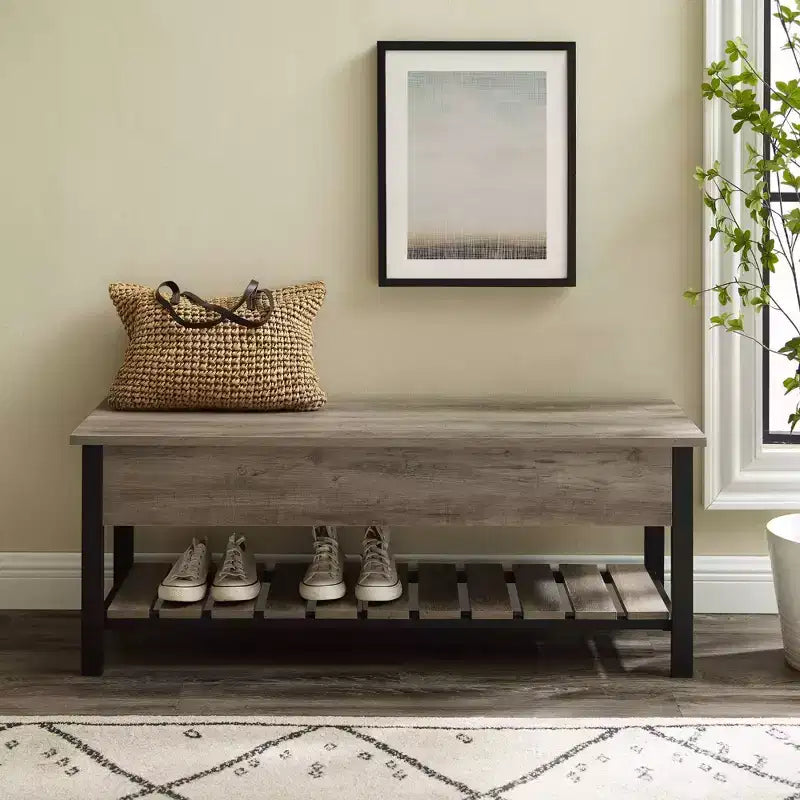 Banco de almacenamiento de 48" con zapatero – Madera de granero / Lavado gris / Nogal oscuro, Capacidad para 2 personas