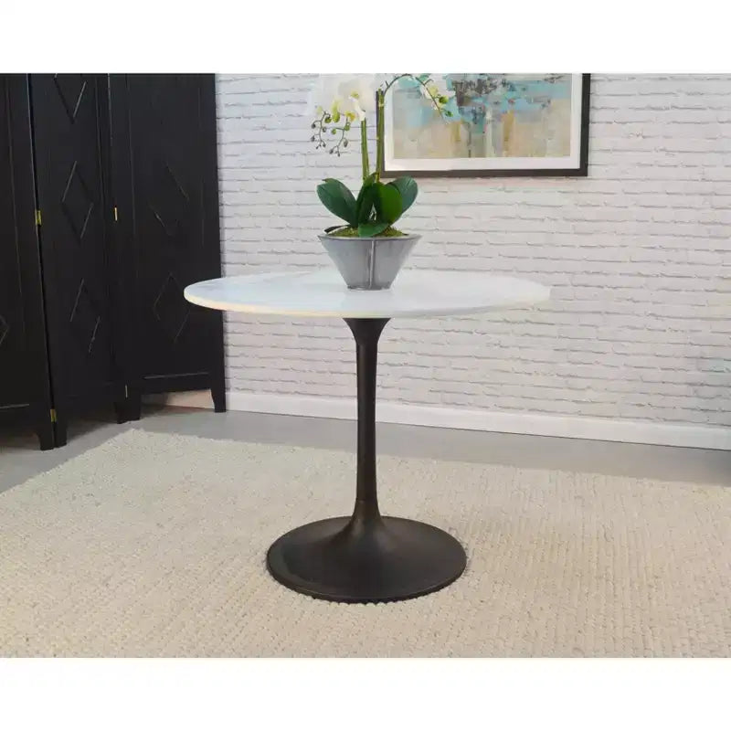 Mesa de comedor redonda con tablero de mármol para 4 personas – Blanco / Blanco y negro