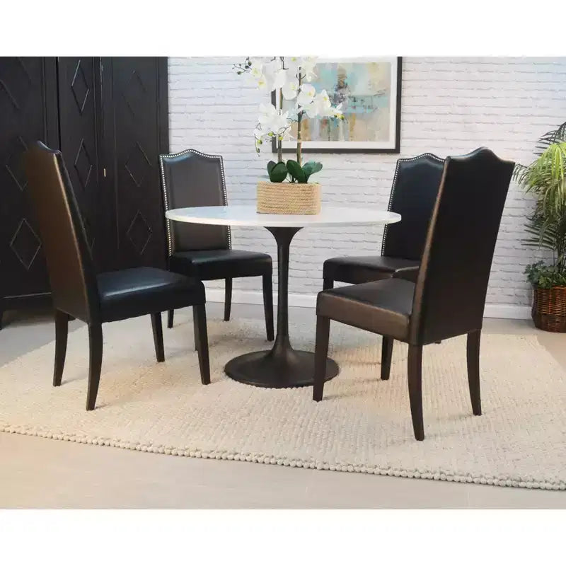 Mesa de comedor redonda con tablero de mármol para 4 personas – Blanco / Blanco y negro