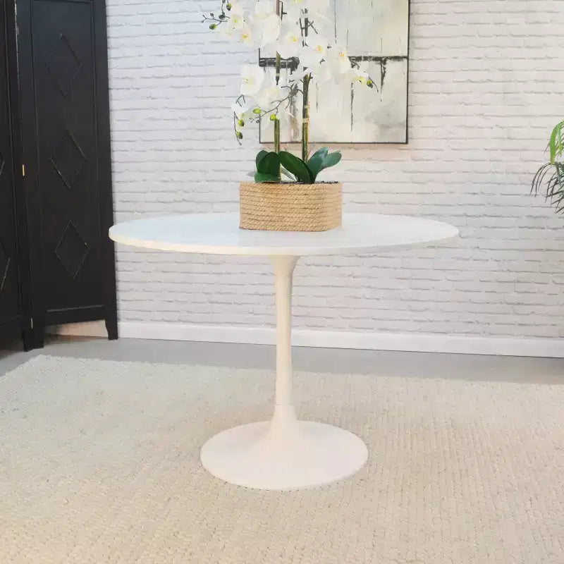 Mesa de comedor redonda con tablero de mármol para 4 personas – Blanco / Blanco y negro