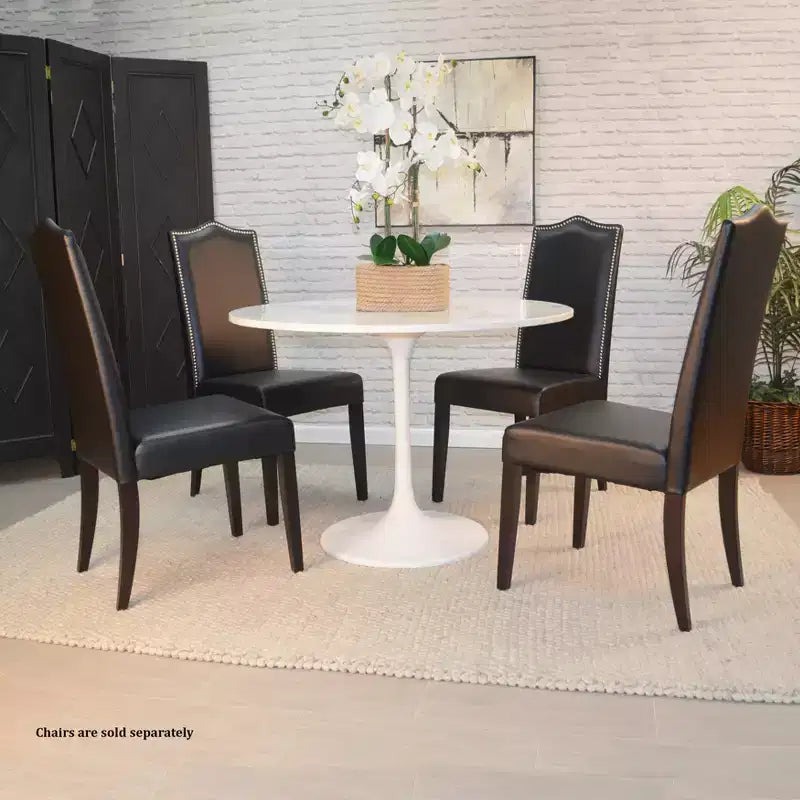 Mesa de comedor redonda con tablero de mármol para 4 personas – Blanco / Blanco y negro