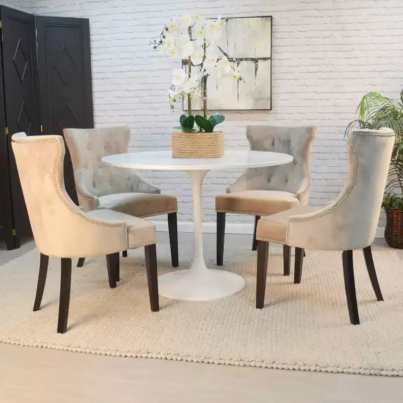 Mesa de comedor redonda con tablero de mármol para 4 personas – Blanco / Blanco y negro